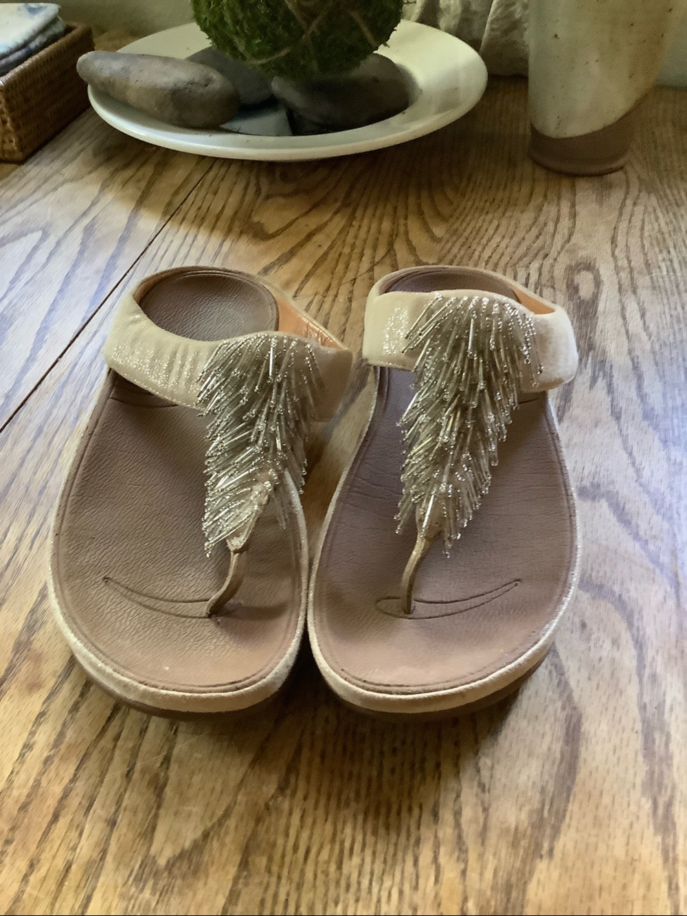 Beaded Fringe Thong Sandals in Champagne Beige